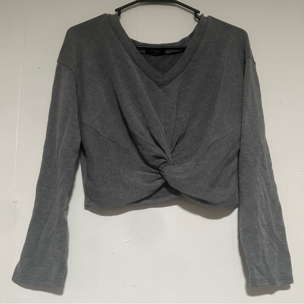 Gray V-Neck Twist Front Crop Top